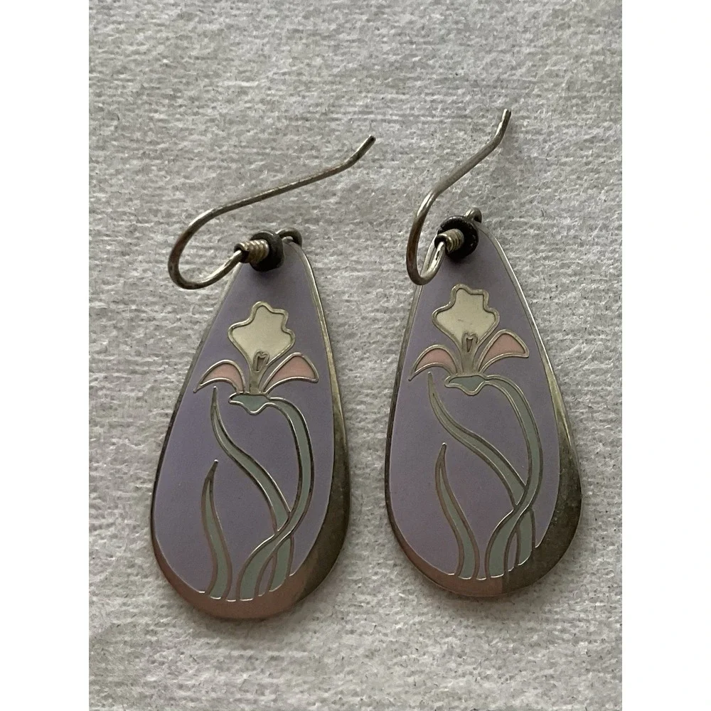 vintage Laurel Burch Wild Iris earrings Dangle Teardrop Purple Enamel